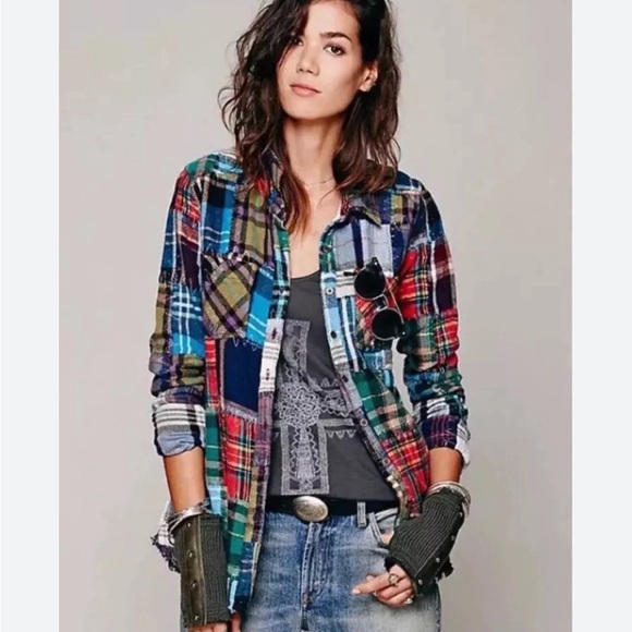 Free People lost in plaid patchwork flannel - Picture 2 of 7